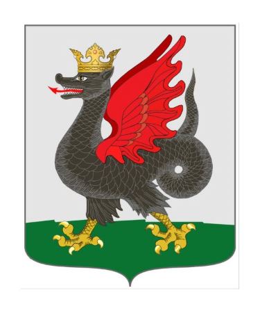 A coat of arms featuring a red winged griffin wearing a crown.