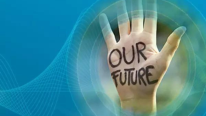 An open hand with Our Future written on the palm in texta