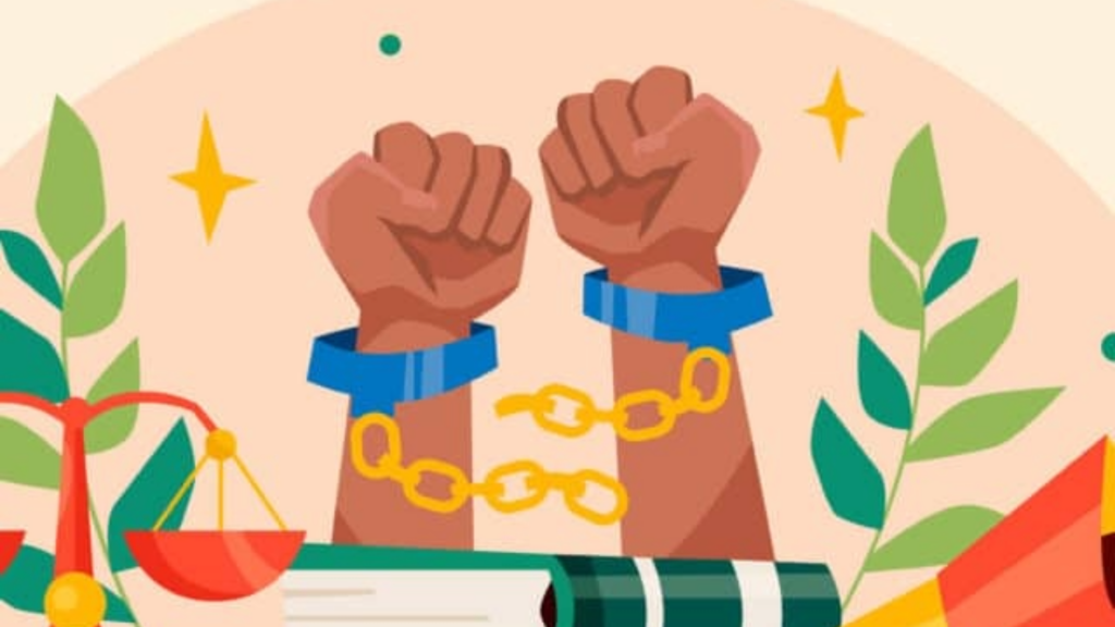 An illustration of symbols of justice, including shackled hands raised in fists with   a broken chain and, scales and a book, perhaps suggesting rules or laws.