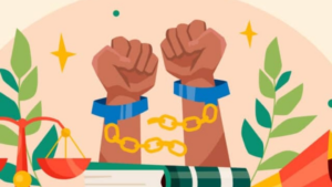 An illustration of symbols of justice, including shackled hands raised in fists with a broken chain and, scales and a book, perhaps suggesting rules or laws.