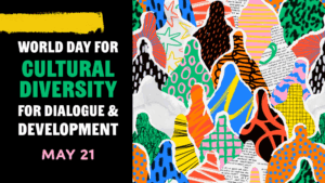 A collage of many different patterns and colours torn into the rough shape of a person to represent the World Day for Cultural Diversity for Dialogue and Development May 21