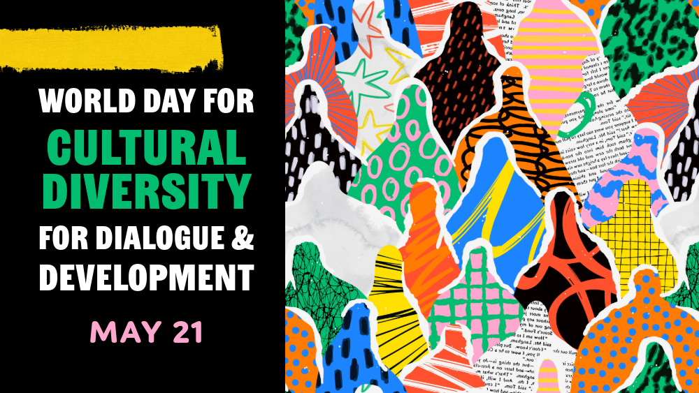 A collage of many different patterns and colours torn into the rough shape of a person to represent the World Day for Cultural Diversity for Dialogue and Development May 21