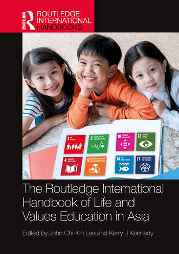 Cover of the Routledge International Handbook of Life and Values Education in Asia, featuring three cute kids with books open in front of them smiling at the camera