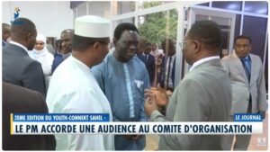 A video screenshot of a news report, filming Professor Koudé speaking to the Prime Minister of Chad.